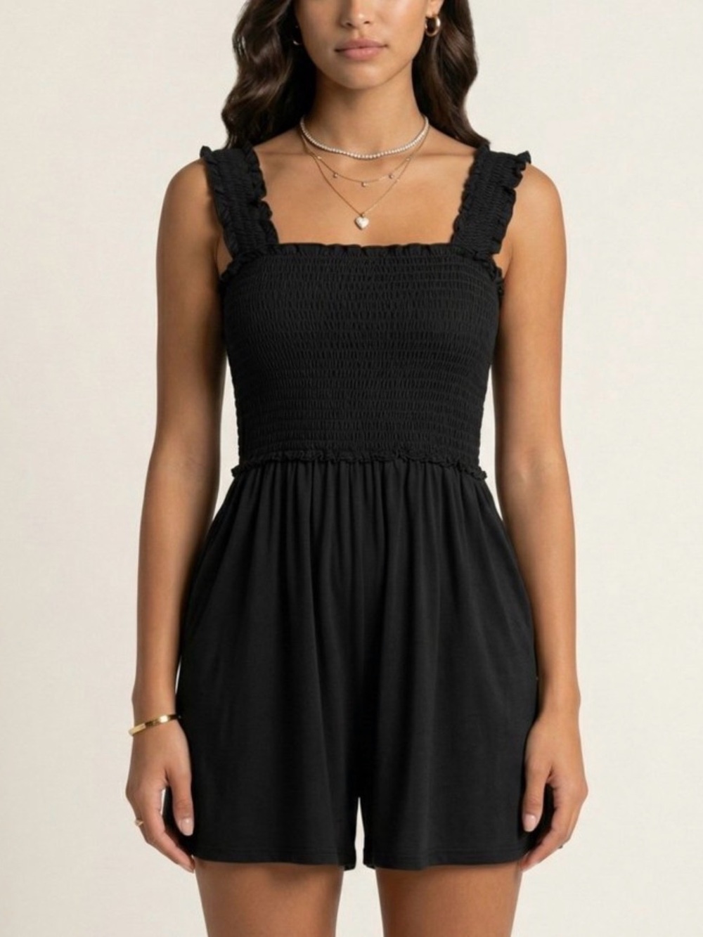 Black Smocked Romper Ruffle Strap Swiss Dot Shorts | Size L - Picture 3 of 11